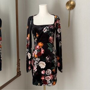 Black Halo Dress Size 2 Velvet Floral Mini Square Neck Dark Romance Coquette LBD